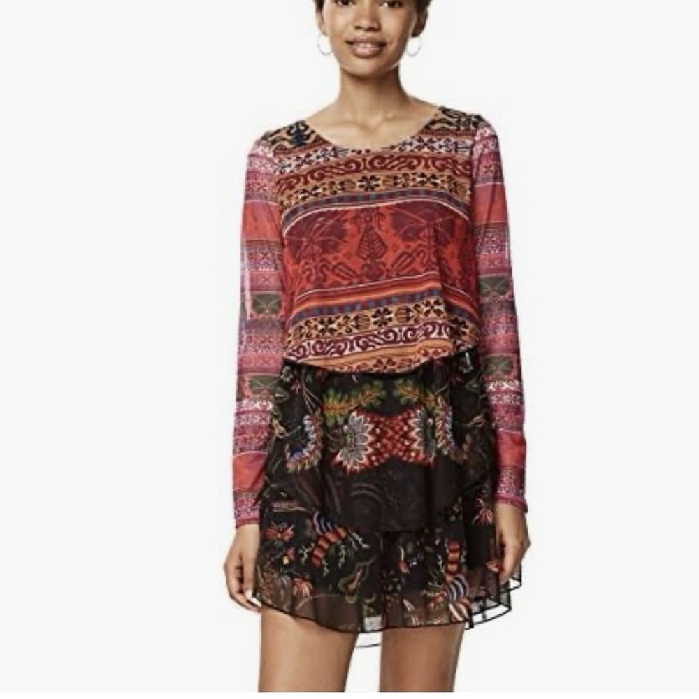 Desigual Layered Colorful Mixed Print Long Sleeve Mesh Mini Carol Dress LARGE